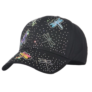 Detail of dragonfly pattern crafted with colorful rhinestones on black cotton baseball cap