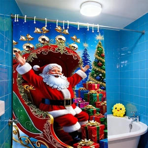 Tenda da doccia natalizia impermeabile con Babbo Natale e renne in scena notturna