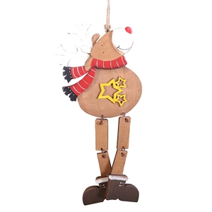 Handcrafted wooden Christmas reindeer ornament with red scarf and hanging star decor