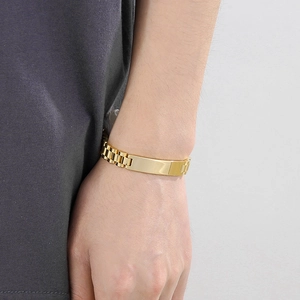 Gouden titanium stalen horlogeband armband met graveerbare gebogen ID-plaat voor dames