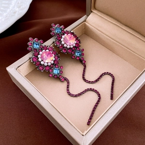 Retro Flower Tassel Dangle Earrings Alloy Rhinestone Imitation Artificial Pearl With Silver Earring Post Palace Style For Women
