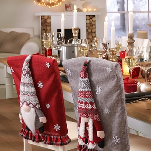 Housses de chaise de Noël avec gnomes 3D et flocons de neige en tissu rouge et gris
