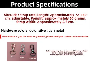 Detail of adjustable bag strap showing 2.5cm width and length range 72 to 130cm