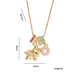 Golden unicorn and donut enamel necklace with dimensions and weight specifications