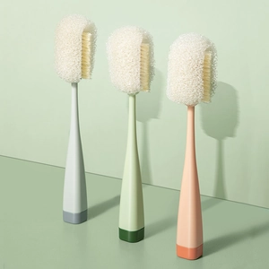 Set of 3 multifunctional bottle brushes with long plastic handles in grey green and orange