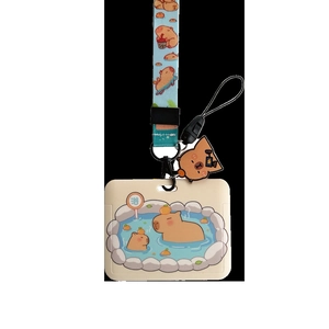 Cute Capybara ID card holder set with matching lanyard and soft silicone sleeve pendant