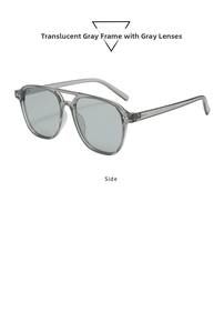 Side view of retro aviator sunglasses with transparent grey frame and dark grey lenses