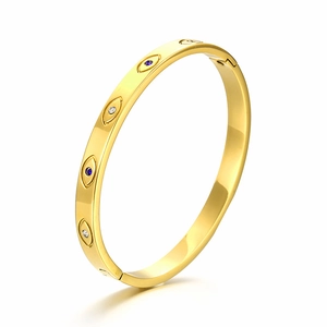 Golden 6mm titanium steel evil eye bracelet with blue and white cubic zirconia stones