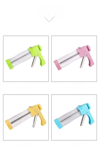 Cookie press gun set in four colors with ergonomic handle and various nozzles for DIY baking