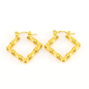 Vintage gold bamboo texture square hoop earrings in stainless steel for women