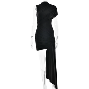 Slim fit black sleeveless ruched bodycon dress with asymmetrical ribbon detailing