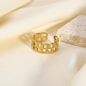 Gold-plated stainless steel double-layer ring with chain link and star pattern