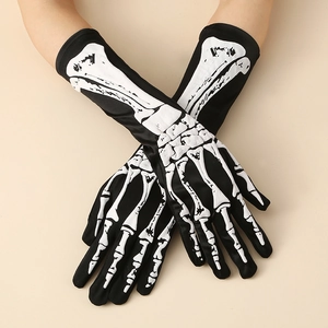 Black Halloween skeleton gloves with white bone print for costume parties and cosplay events