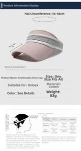 Detailed size chart for sun visor hat with measurements for brim, head circumference and fabric