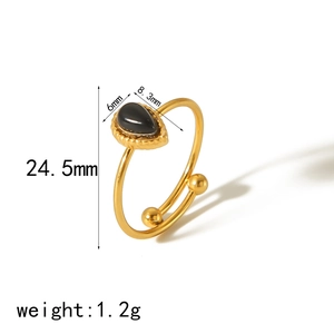 18k gold plated stainless steel ring with black teardrop stone and size measurements