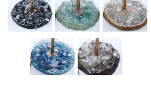 Assorted colorful crystal and agate bases featuring wire-wrapped tree trunks for decor
