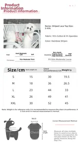 Size chart for striped pet dress with measurements for S to XXL sizes in cotton fabric
