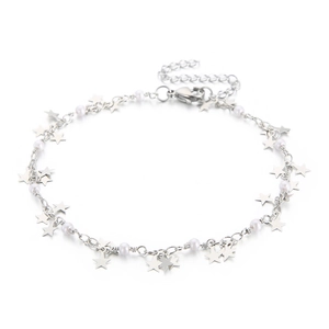 Silver star and pearl anklet in titanium steel with lobster clasp and extension chain
