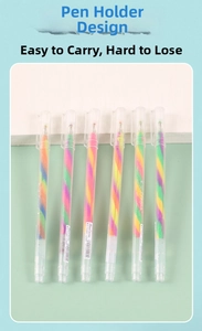 Close-up of six colorful rainbow gel pens with vortex ink and handy pocket clips