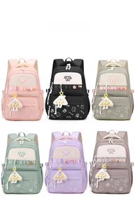 Front view of six cute nylon backpacks in pink black gray green and purple