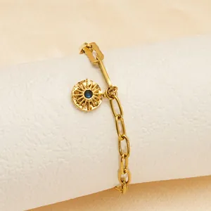 18K gold plated stainless steel paperclip chain bracelet with blue zircon sun flower pendant