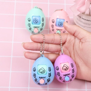 Rock paper scissors handheld game keychain in pastel macaron colors with metal bead chain