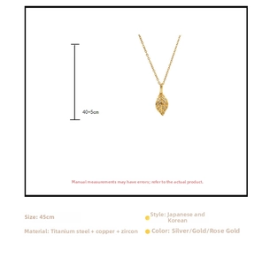 Detailed view of leaf pendant necklace showing titanium steel texture and 45cm chain length