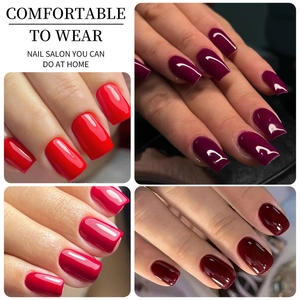 Short matte red press-on nails shown in four-grid close-up professional salon view