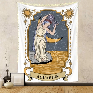 Detailed view of Aquarius zodiac tapestry with goddess and stars in a cozy room setting