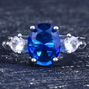 Women Three-Stone Adjustable Ring Oval Blue Red Cubic Zirconia Silver Plated Copper Classic Elegant Jewelry