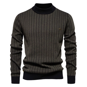Detail of ribbed half-turtleneck neckline and dark grey knit texture on mens sweater