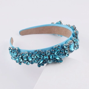 Detail of blue Baroque headband featuring multi-cut rhinestones and luxury velvet fabric