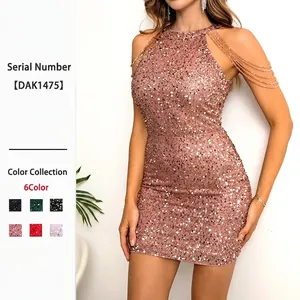 Sexy Sequin Mini Dress Halter Neck Sleeveless Bodycon Party Evening Cocktail With Fringe Bead Chain Shoulder