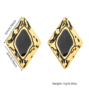 Gold plated stainless steel geometric rhombus earrings with black enamel texture