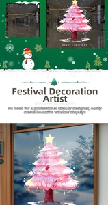 Detail von rosa geschichteten Weihnachtsbaum-Fensteraufklebern mit Schneeflocken und Text