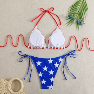 Flat lay of star-print bikini with red halter straps on beach mat and palm leaves