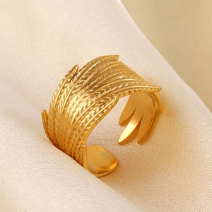 Fashion Feather Open Ring Stainless Steel 18K Gold Plated Adjustable Band Minimalist Jewelry For Women