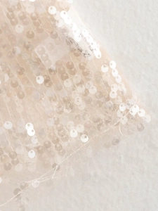 Detail of sequin mesh fabric with care label showing dry clean or wash separately