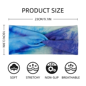 Blue tie-dye yoga headband with twisted design and breathable elastic fabric size chart