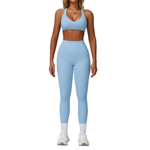 Set yoga 3 pezzi azzurro con reggiseno sportivo a V e leggings senza cuciture a vita alta