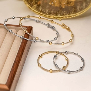 Minimalist Copper Choker Necklace And Bracelet Cubic Zirconia Open Adjustable Round Bead Ins Style Jewelry