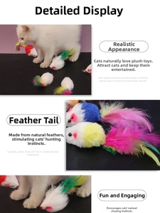 Detailed view of plush mouse cat toys with natural feather tails and internal bells