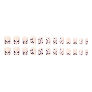 Square nude press-on nails with blue star outlines and silver glitter, 24-piece set