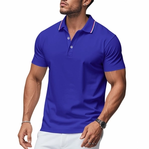 Close-up of royal blue polo shirt featuring striped collar detail and three-button placket