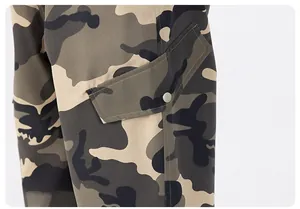 Close-up of camouflage cargo pants featuring a side flap pocket with a silver metal snap button