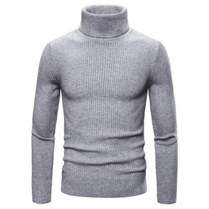 Close-up of grey ribbed knit texture and turtleneck design on men's slim fit sweater