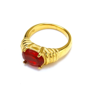 Bague rétro en acier inoxydable plaqué or 18k avec gemme rouge ovale et spirales