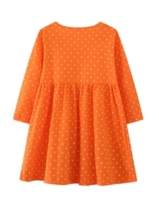 Vibrant orange long-sleeve princess dress for girls with classic white polka dot patterns
