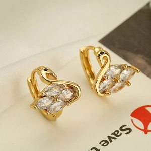 Gold-plated swan hoop earrings with sparkling marquise-cut zircons and snap closure