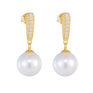 Elegant gold pearl earrings with micro-set zircon accents on a clean white background